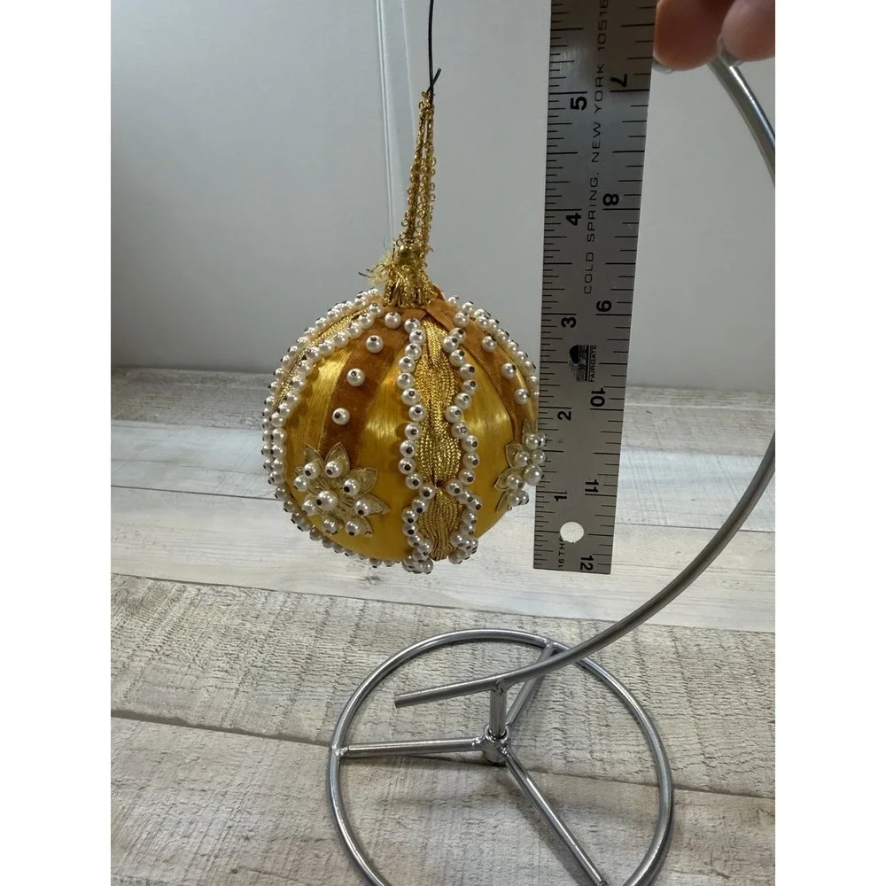 Set 2 Vintage Gold Satin Christmas Ornaments Faux Pearl Beaded Tassel Victorian